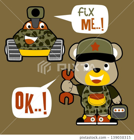 cute bear the military mechanic with funny armored vehicle, vector cartoon illustration cute bear the military mechanic with funny armored vehicle, vector cartoon illustration 139038315