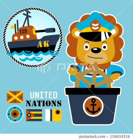Funny lion holding steering wheel with warship and flags, vector cartoon illustration Funny lion holding steering wheel with warship and flags, vector cartoon illustration 139038316