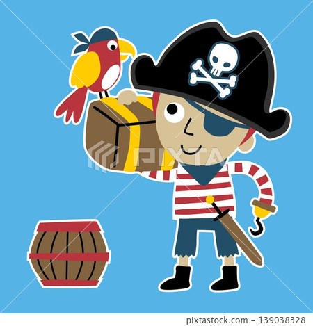 Young boy in pirate costume carrying treasure chest with parrot and wooden barrel, vector cartoon illustration Young boy in pirate costume carrying treasure chest with parrot and wooden barrel, vector cartoon illustration 139038328