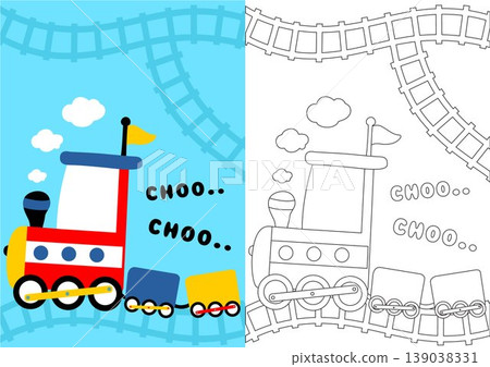coloring page with steam train and railway, vector cartoon illustration coloring page with steam train and railway, vector cartoon illustration 139038331
