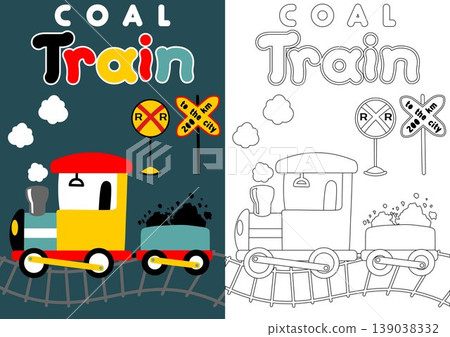 coloring book of page, steam train with railway signs, vector cartoon illustration coloring book of page, steam train with railway signs, vector cartoon illustration 139038332