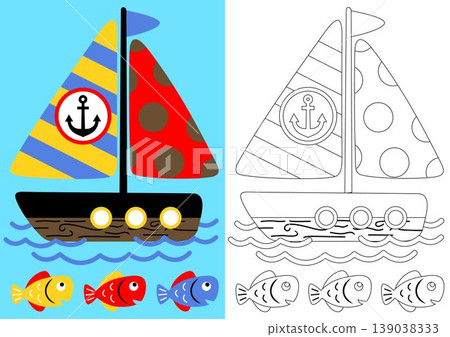 coloring page with sailboat and fish, vector cartoon 139038333