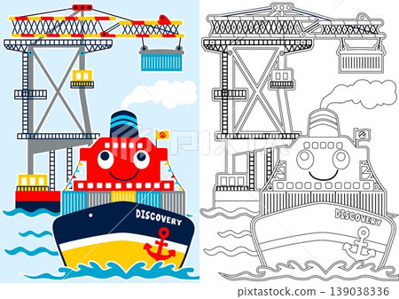 busy port with funny ship, vector cartoon illustration, coloring book or page 139038336