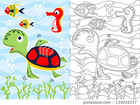 coloring book with marine animals, turtle with fishes and seahorse, vector cartoon illustration coloring book with marine animals, turtle with fishes and seahorse, vector cartoon illustration 139038337