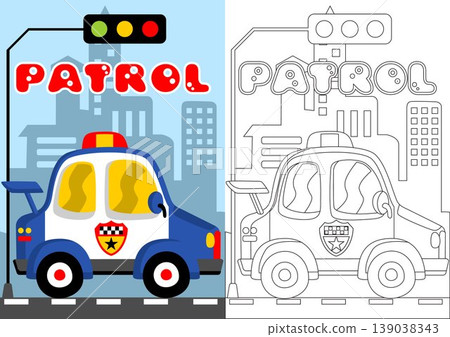 police car with stop light on buildings background, vector cartoon for coloring book or page police car with stop light on buildings background, vector cartoon for coloring book or page 139038343