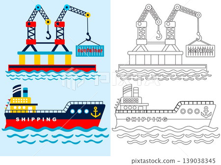 Cargo ship with crane, coloring page or book, vector cartoon illustration 139038345