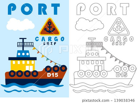 coloring book or page, tugboat with anchor logo, vector cartoon illustration 139038346