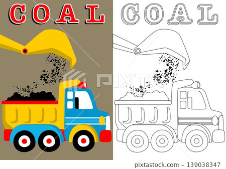 coloring book of page, dump truck with crane scoop machine, vector cartoon coloring book of page, dump truck with crane scoop machine, vector cartoon 139038347