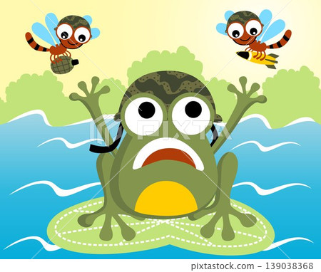 War between frog and dragonfly, frog wearing military helmet on lotus leaf, dragonflies carrying grenade and missile, vector cartoon illustration. War between frog and dragonfly, frog wearing military helmet on lotus leaf, dragonflies carrying grenade and missile, vector cartoon illustration. 139038368
