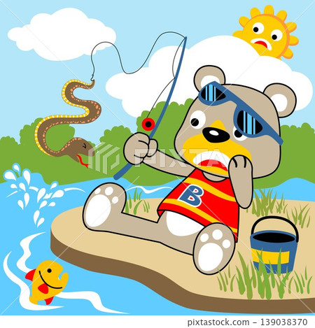 Funny bear fishing in a swamp get a snake, humor cartoon vector illustration 139038370