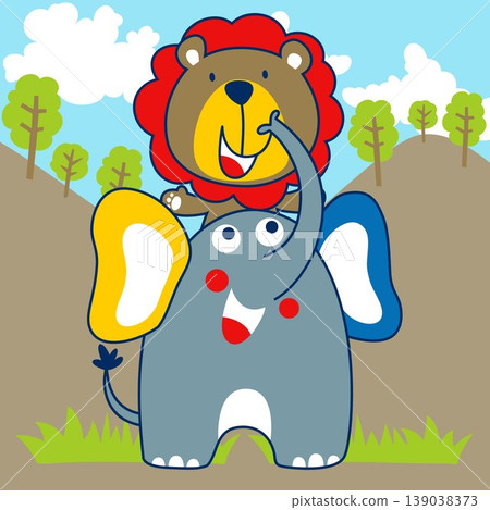 Cute lion riding on elephant in the jungle, vector cartoon illustration Cute lion riding on elephant in the jungle, vector cartoon illustration 139038373