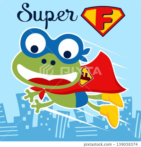 Funny frog in superhero costume flying on building background, vector cartoon illustration 139038374