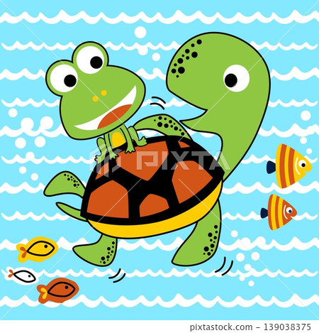 Funny marine animals, frog riding on turtle's back, vector cartoon illustration Funny marine animals, frog riding on turtle's back, vector cartoon illustration 139038375