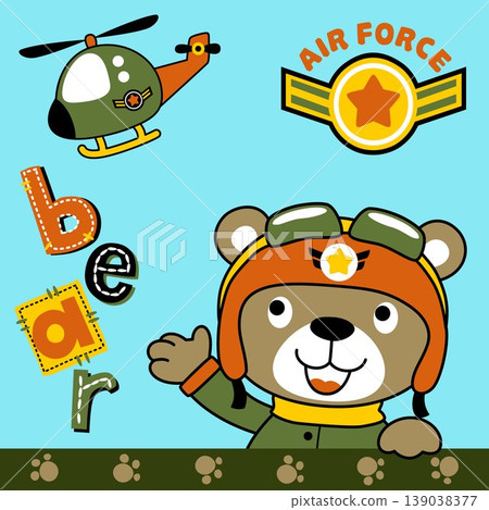 Cute bear wearing flying goggles, military helicopter, vector cartoon illustration Cute bear wearing flying goggles, military helicopter, vector cartoon illustration 139038377