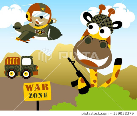 Little bear on fighter jet, cute giraffe with gun hiding in bush, military truck, vector cartoon illustration 139038379
