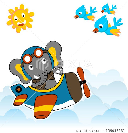 Cute elephant on airplane in the sky meet with flock of birds and smiling sun, vector cartoon design 139038381