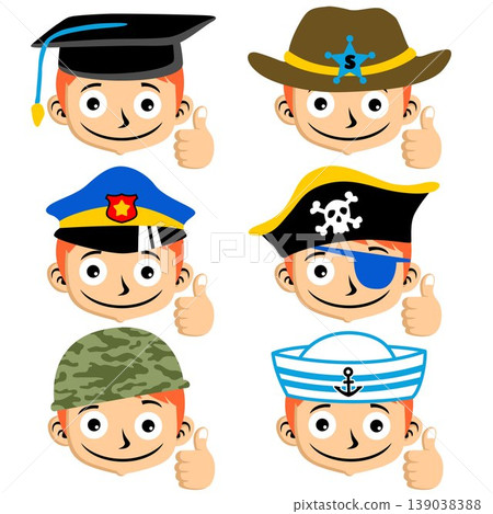 Set of boy with thumb up wearing different cap, vector cartoon illustration Set of boy with thumb up wearing different cap, vector cartoon illustration 139038388