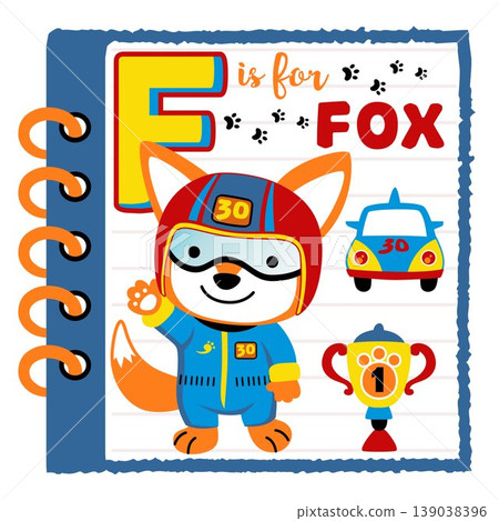 Cute fox in racer costume, car racing elements in notebook frame, education cartoon for kids, vector cartoon illustration 139038396