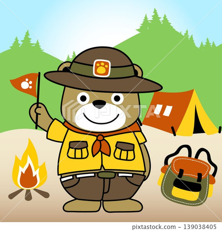 Cute bear in scout uniform with camping elements, vector cartoon illustration Cute bear in scout uniform with camping elements, vector cartoon illustration 139038405
