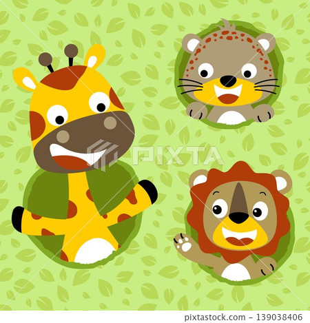 Cute smiling animals on leaves background, vector cartoon illustration Cute smiling animals on leaves background, vector cartoon illustration 139038406