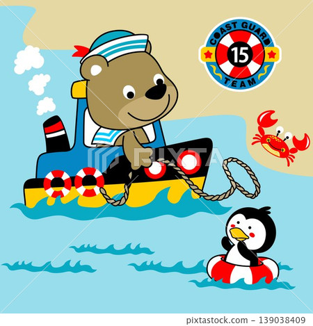 Cute bear on coast guard boat helping penguin on lifebuoy, vector cartoon illustration Cute bear on coast guard boat helping penguin on lifebuoy, vector cartoon illustration 139038409