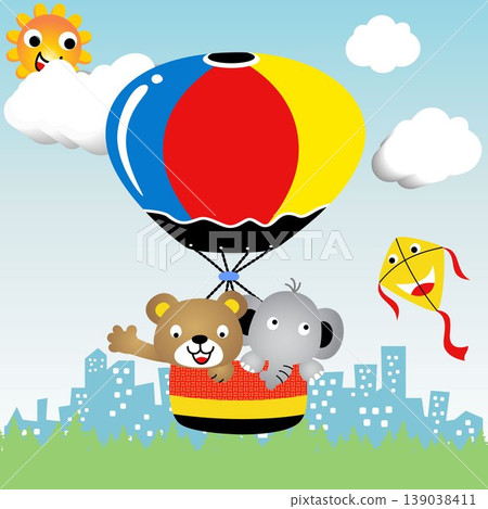 Cute bear and elephant surround the city with hot air balloon, smiling sun on blue sky background, vector cartoon illustration Cute bear and elephant surround the city with hot air balloon, smiling sun on blue sky background, vector cartoon illustration 139038411