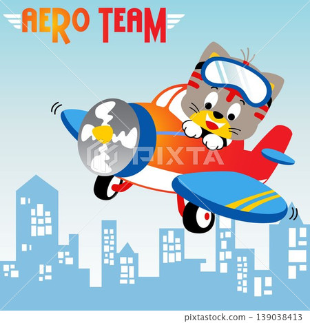 Funny kitten on airplane with buildings background, vector cartoon illustration Funny kitten on airplane with buildings background, vector cartoon illustration 139038413