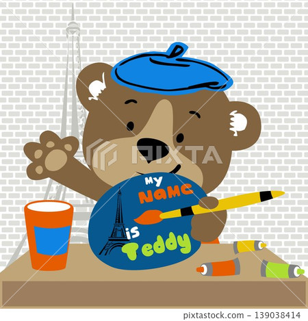 Cute bear the best painter on Eiffel tower background, vector cartoon illustration Cute bear the best painter on Eiffel tower background, vector cartoon illustration 139038414