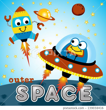 Cute alien on UFO with funny rocket, space elements illustration, vector cartoon illustration Cute alien on UFO with funny rocket, space elements illustration, vector cartoon illustration 139038416