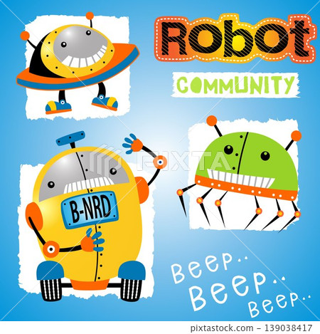 Three funny robots in action, vector cartoon illustration Three funny robots in action, vector cartoon illustration 139038417