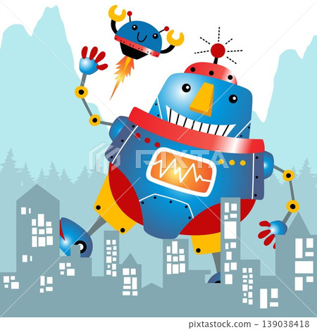 Giant robots attack the city, vector cartoon illustration Giant robots attack the city, vector cartoon illustration 139038418