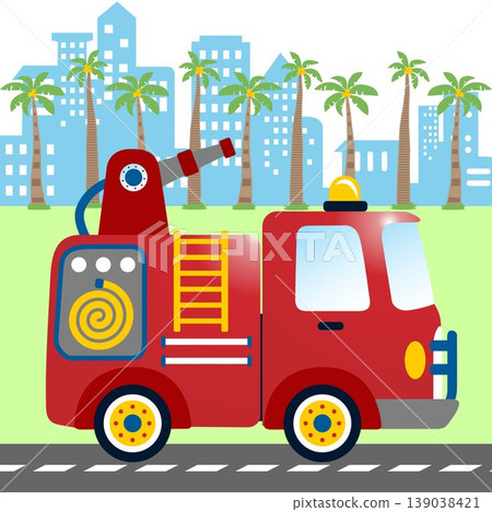 Firetruck with palm tree on buildings background, T-shirt design for kids, vector cartoon illustration 139038421