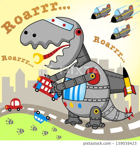 Giant monster robot attack city, rampaging in the road, fighter jet guarding city, vector cartoon illustration 139038423