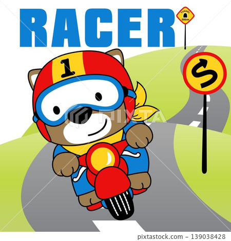 Cute bear riding a motorcycle in the road, vector cartoon illustration 139038428