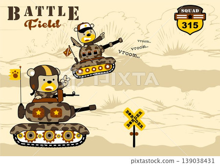 Funny bear on armored vehicle in battlefield, military logo, vector cartoon illustration Funny bear on armored vehicle in battlefield, military logo, vector cartoon illustration 139038431