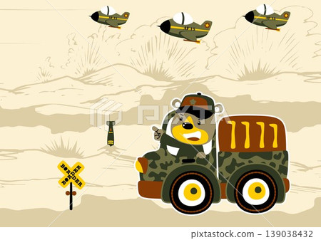 Cute bear on military truck with fighter jet in battlefield, vector cartoon illustration 139038432