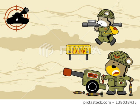 Funny animals soldier with gun in battlefield, vector cartoon illustration 139038433