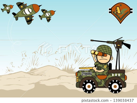 A soldier driving military car with fighter jet within battlefield, vector cartoon illustration A soldier driving military car with fighter jet within battlefield, vector cartoon illustration 139038437