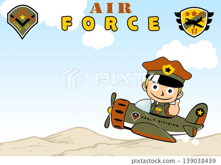 Funny boy on airplane with military logo, mountains on blue sky clouds background, vector cartoon illustration 139038439