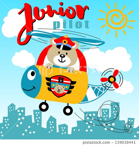 Funny bear on helicopter flying across buildings, vector cartoon illustration Funny bear on helicopter flying across buildings, vector cartoon illustration 139038441