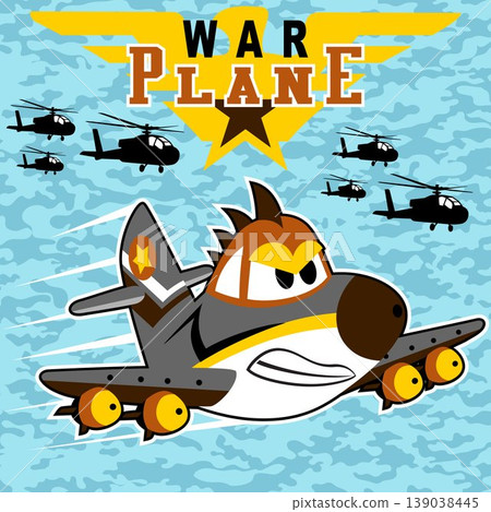 Fighter jet with helicopter silhouette on camouflage background, vector cartoon illustration Fighter jet with helicopter silhouette on camouflage background, vector cartoon illustration 139038445
