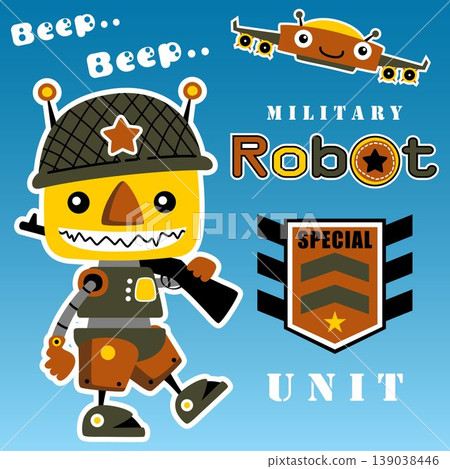 Funny military robot troops with military elements, vector cartoon illustrations Funny military robot troops with military elements, vector cartoon illustrations 139038446
