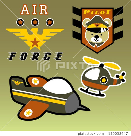 Military air vehicle with funny bear in soldier cap, military elements, vector cartoon illustration Military air vehicle with funny bear in soldier cap, military elements, vector cartoon illustration 139038447