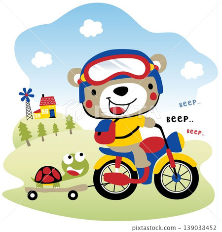 Cute bear riding motorcycle pulling turtle with skateboard on rural scenery background, vector cartoon illustration 139038452