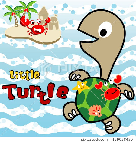 Funny turtle carrying marine animals on it back, little crab on small island, vector cartoon illustration Funny turtle carrying marine animals on it back, little crab on small island, vector cartoon illustration 139038459