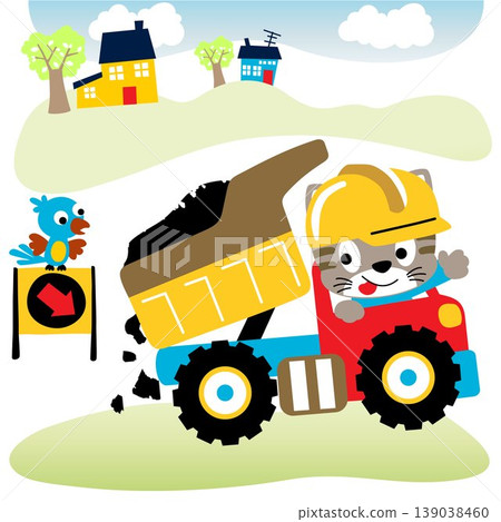 Funny kitten driving dump truck, little bird on road sign, rural scene background, vector cartoon illustration Funny kitten driving dump truck, little bird on road sign, rural scene background, vector cartoon illustration 139038460