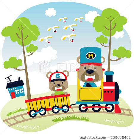 Funny bears on steam train with flock of birds flying on blue sky clouds background, rural scene, vector cartoon illustration Funny bears on steam train with flock of birds flying on blue sky clouds background, rural scene, vector cartoon illustration 139038461