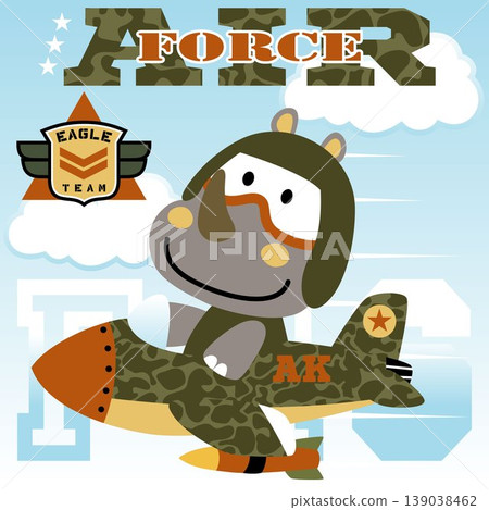 Funny rhinoceros on fighter jet, vector cartoon illustration Funny rhinoceros on fighter jet, vector cartoon illustration 139038462