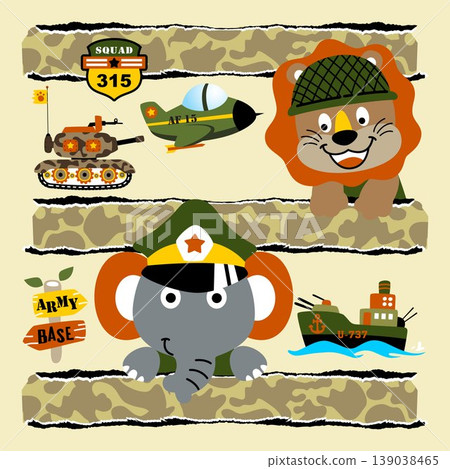 Cute lion and elephant in soldier costume, military vehicles cartoon, military element, vector illustration 139038465