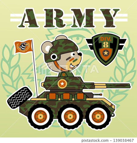 Cute bear in soldier costume driving armored vehicle, vector cartoon illustration Cute bear in soldier costume driving armored vehicle, vector cartoon illustration 139038467